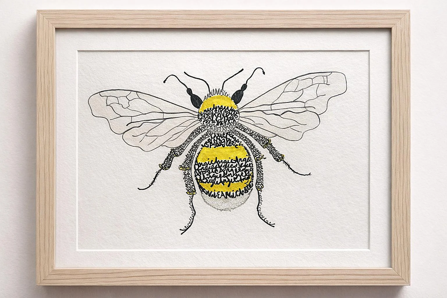 Framed bespoke bee artwork — the design drawn from personalised words