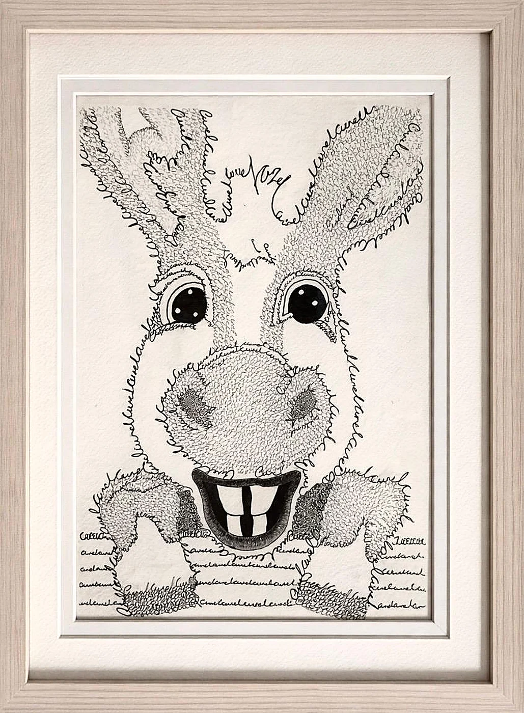 Framed bespoke donkey artwork built from personalised text