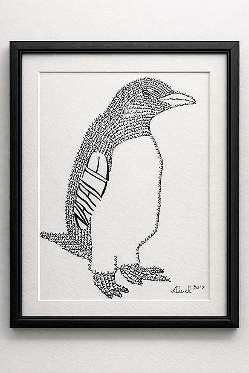 Framed bespoke penguin artwork with name woven through the design